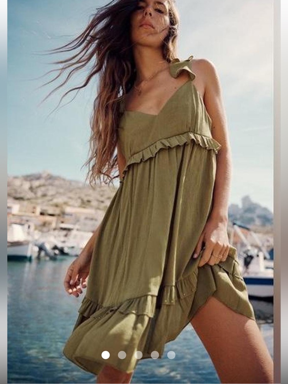 Zara Studded Flutter Strap Babydoll Dress in Olive Green L NWT